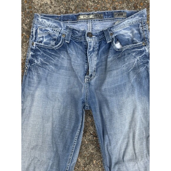 BKE Buckle Jeans Mens 33L Blue Tyler Bootleg Western Whiskers White Stitching - Picture 1 of 5